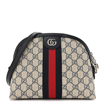 Gucci GG Supreme Monogram Textured Dollar Calfskin Web Small Ophidia Dome Shoulder Bag Beige Blue 1 of 12