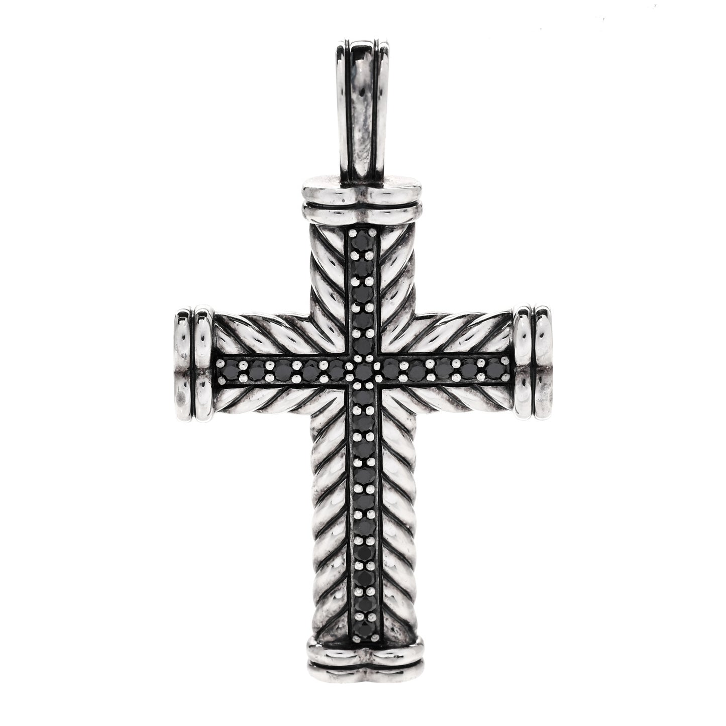 Sterling Silver Pave Black Diamond 41.5mm Chevron Cross Pendant