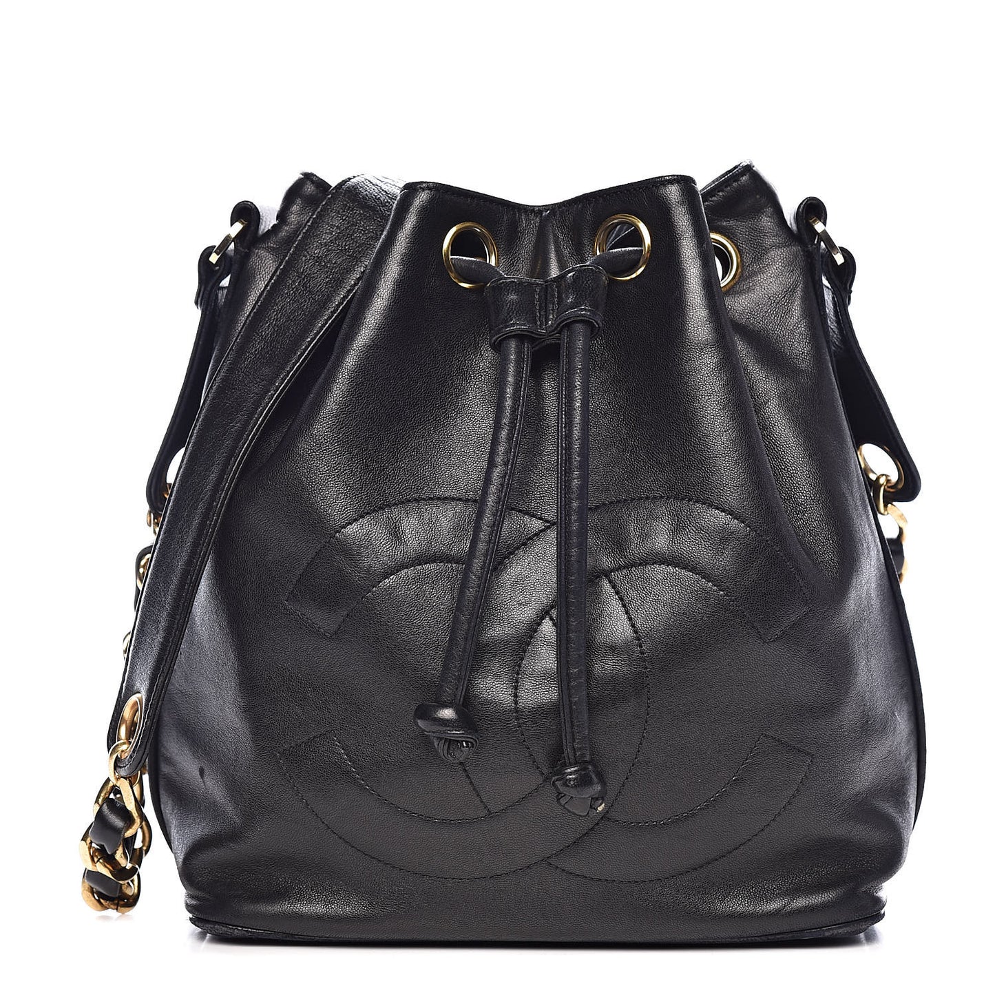Lambskin CC Stitched Drawstring Bucket Bag Black