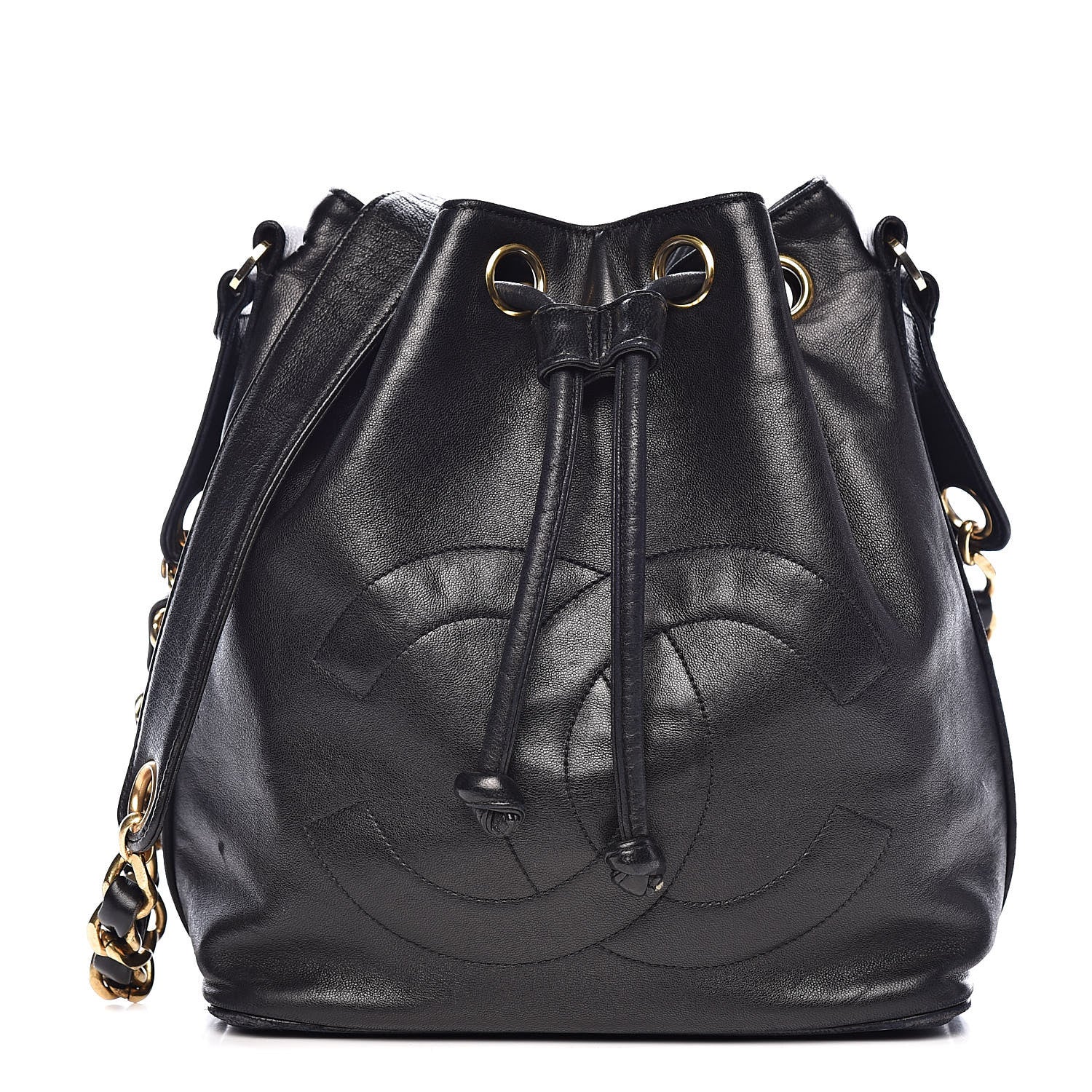 Chanel Lambskin CC Stitched Drawstring Bucket Bag Black 1 of 16