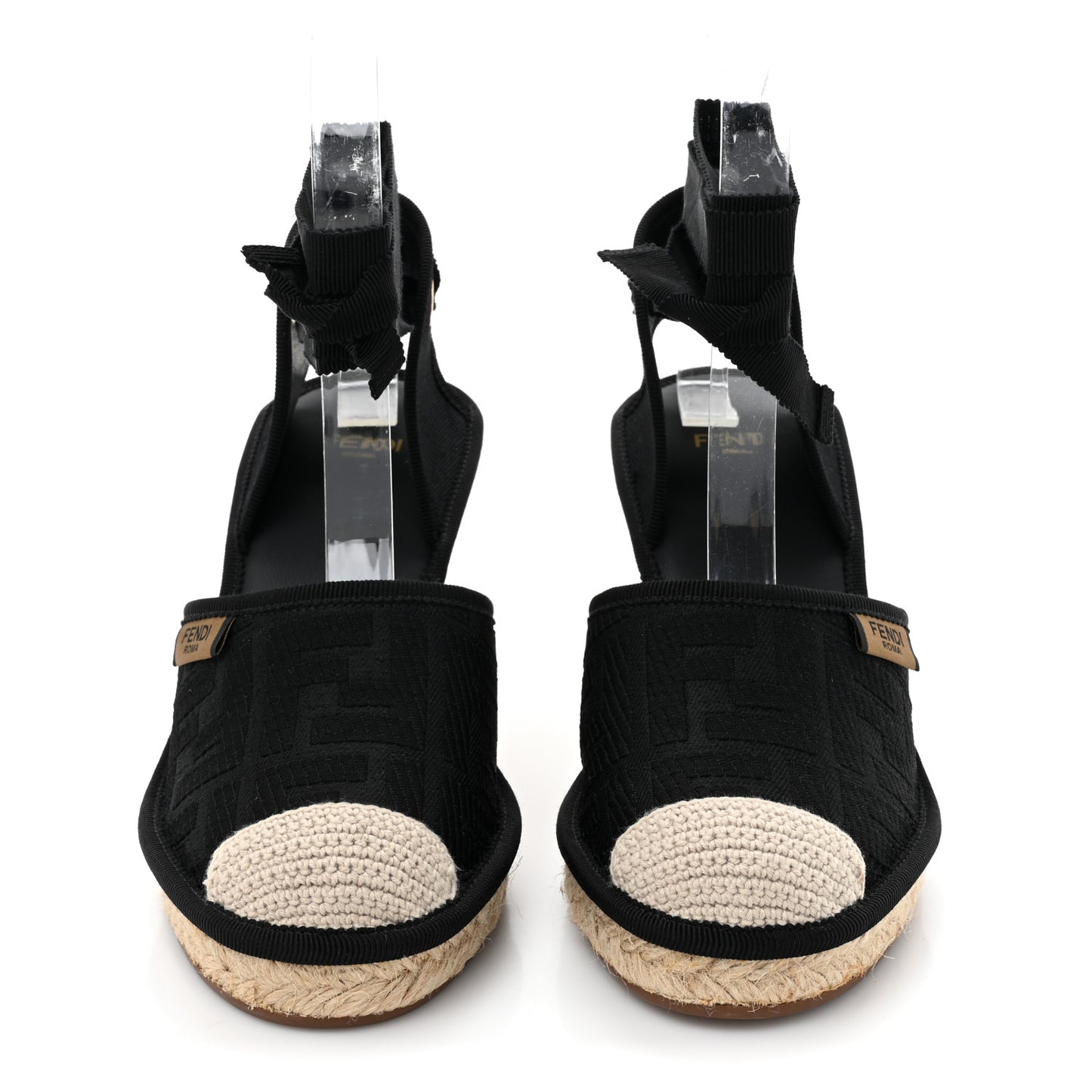 Canvas FF Embroidered Roma Ankle Wrap Wedge Espadrilles 36 Black