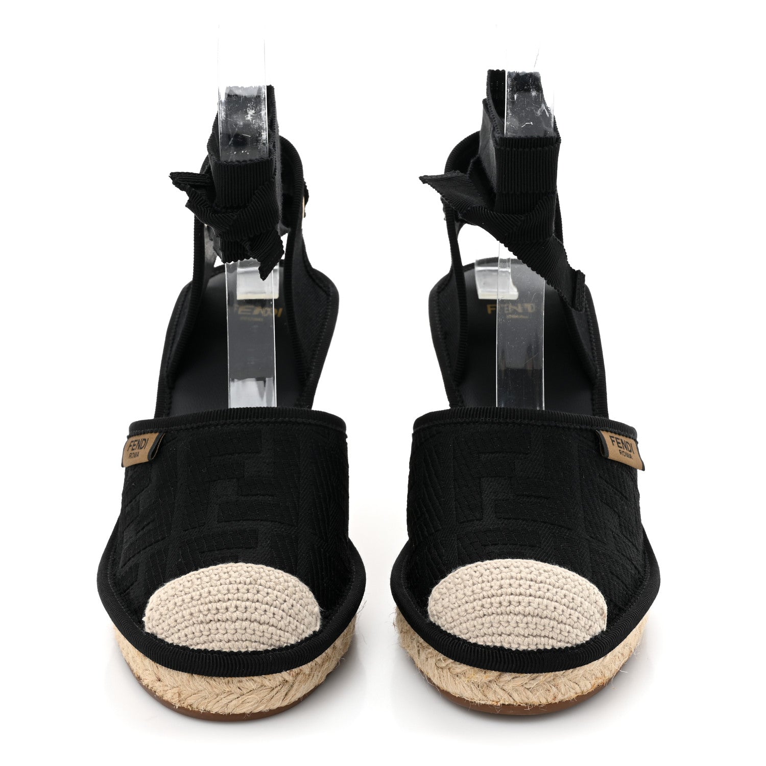 Fendi Canvas FF Embroidered Roma Ankle Wrap Wedge Espadrilles 36 Black 3 of 11
