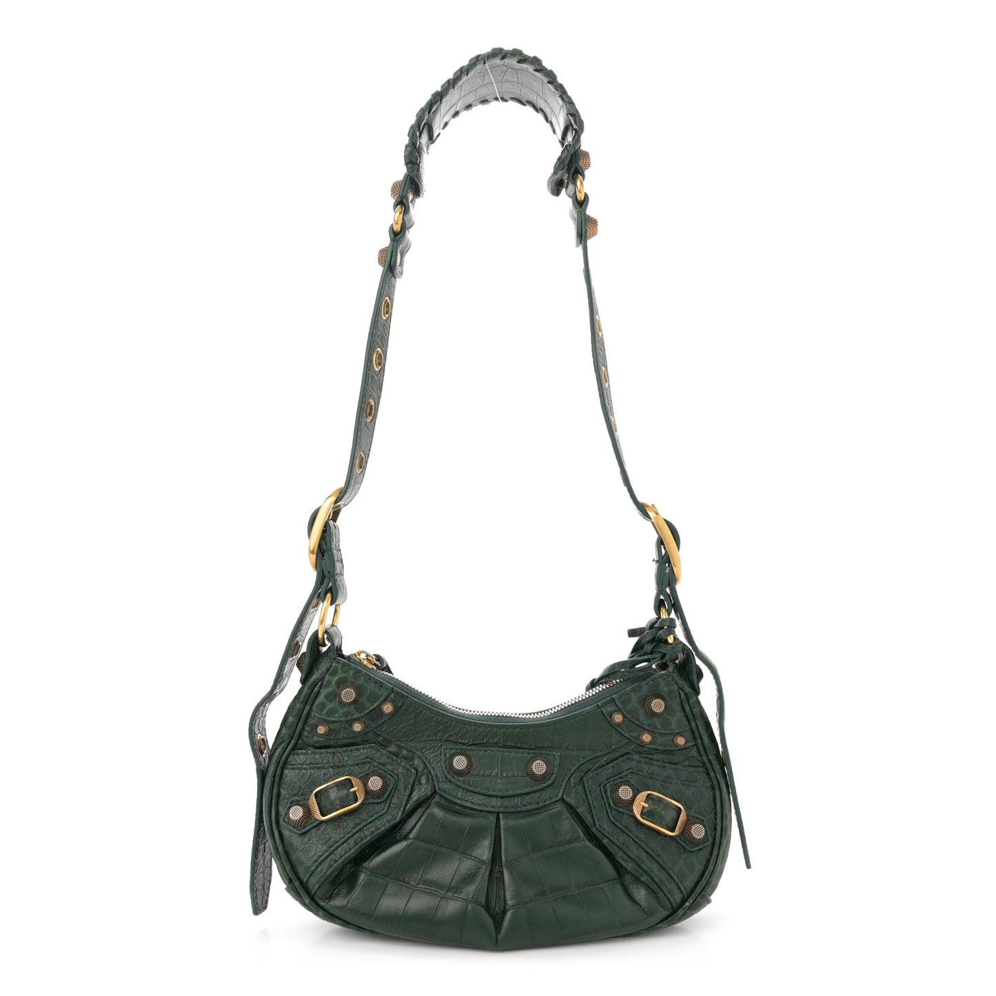 Extra Supple Calfskin Crocodile Embossed Le Cagole Shoulder Bag XS Forest Green