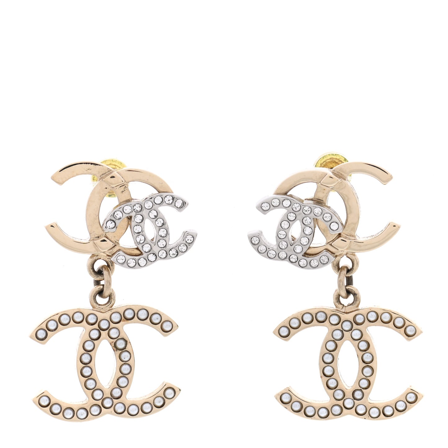 Crystal Pearl Double CC Drop Earrings Gold Silver