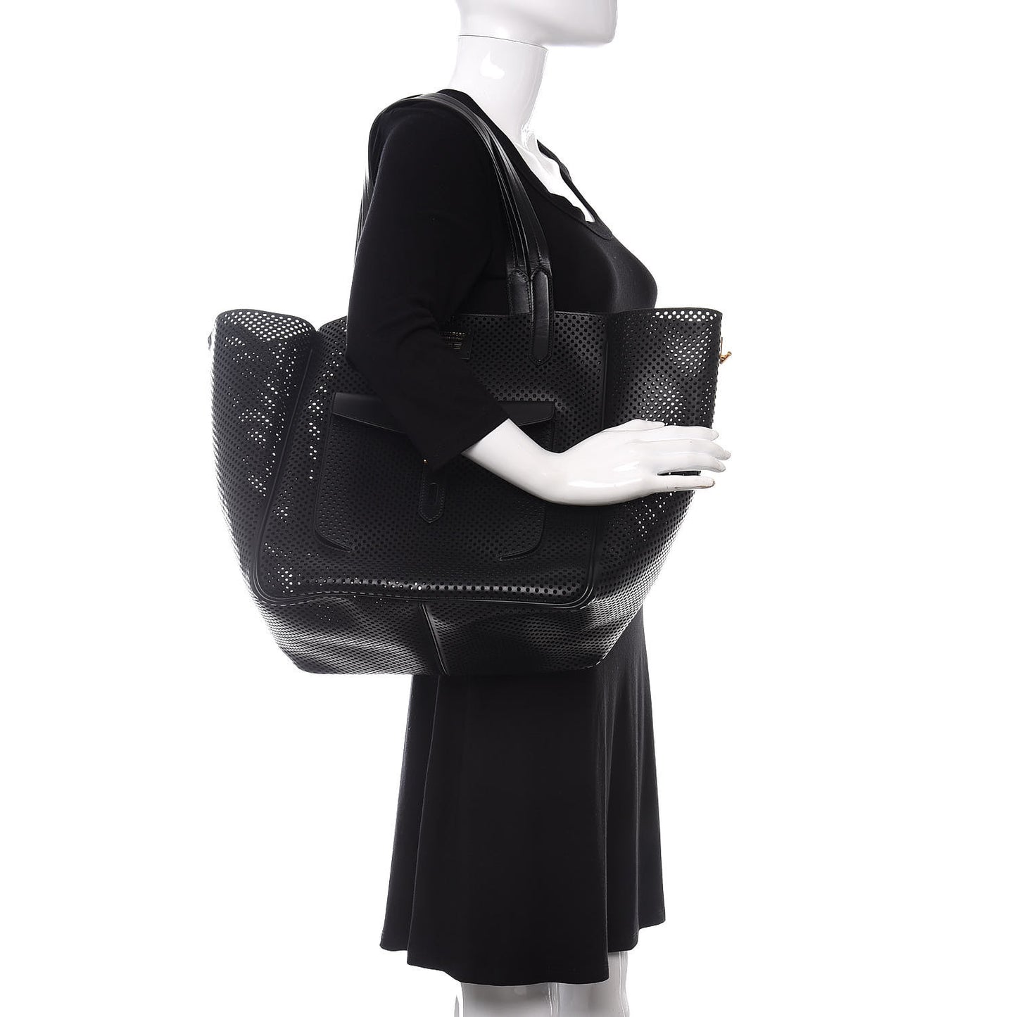 Calfskin Perforated T Twist Tote Black