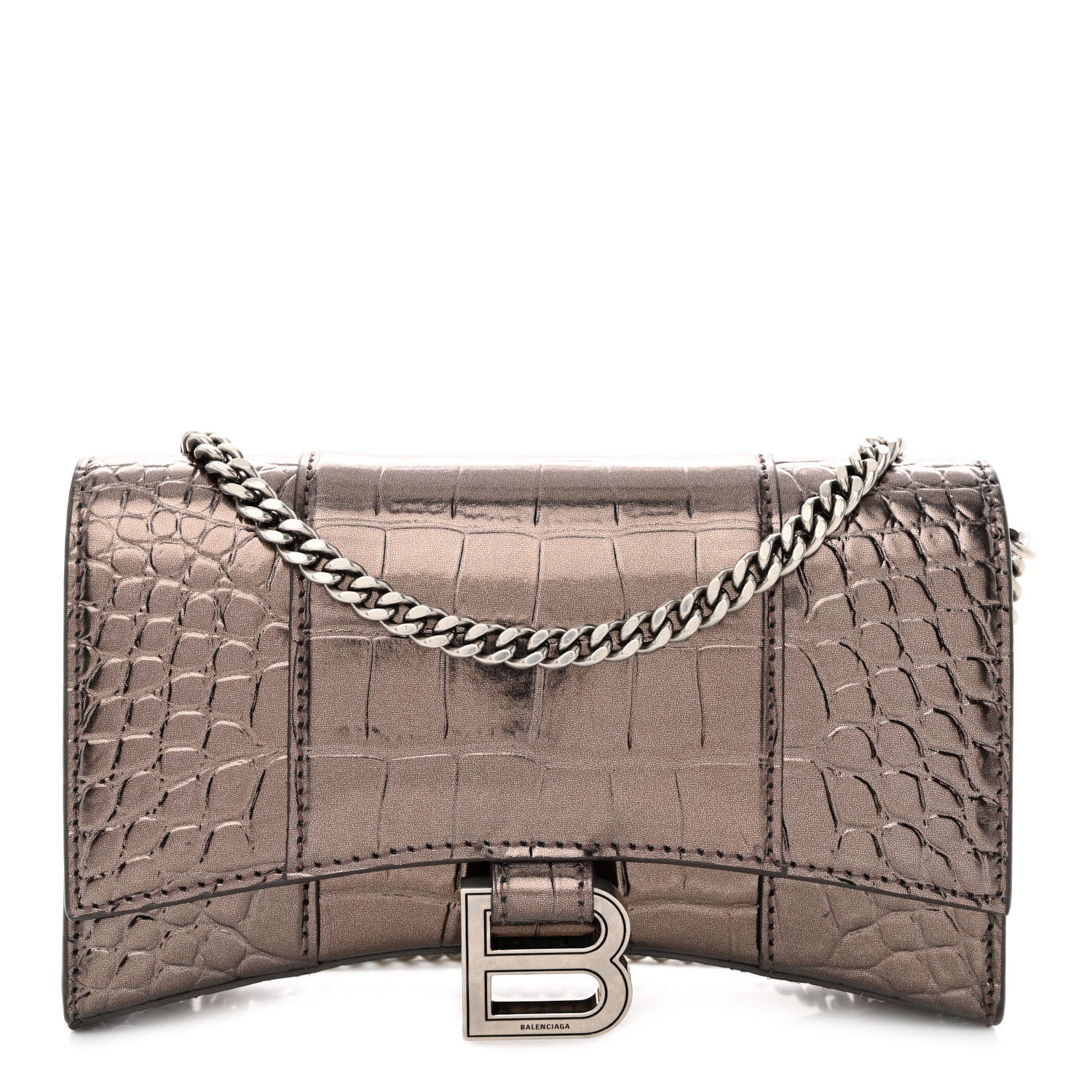 Balenciaga Shiny Metallic Calfskin Crocodile Embossed Hourglass Chain Bag Dark Bronze 1 of 10