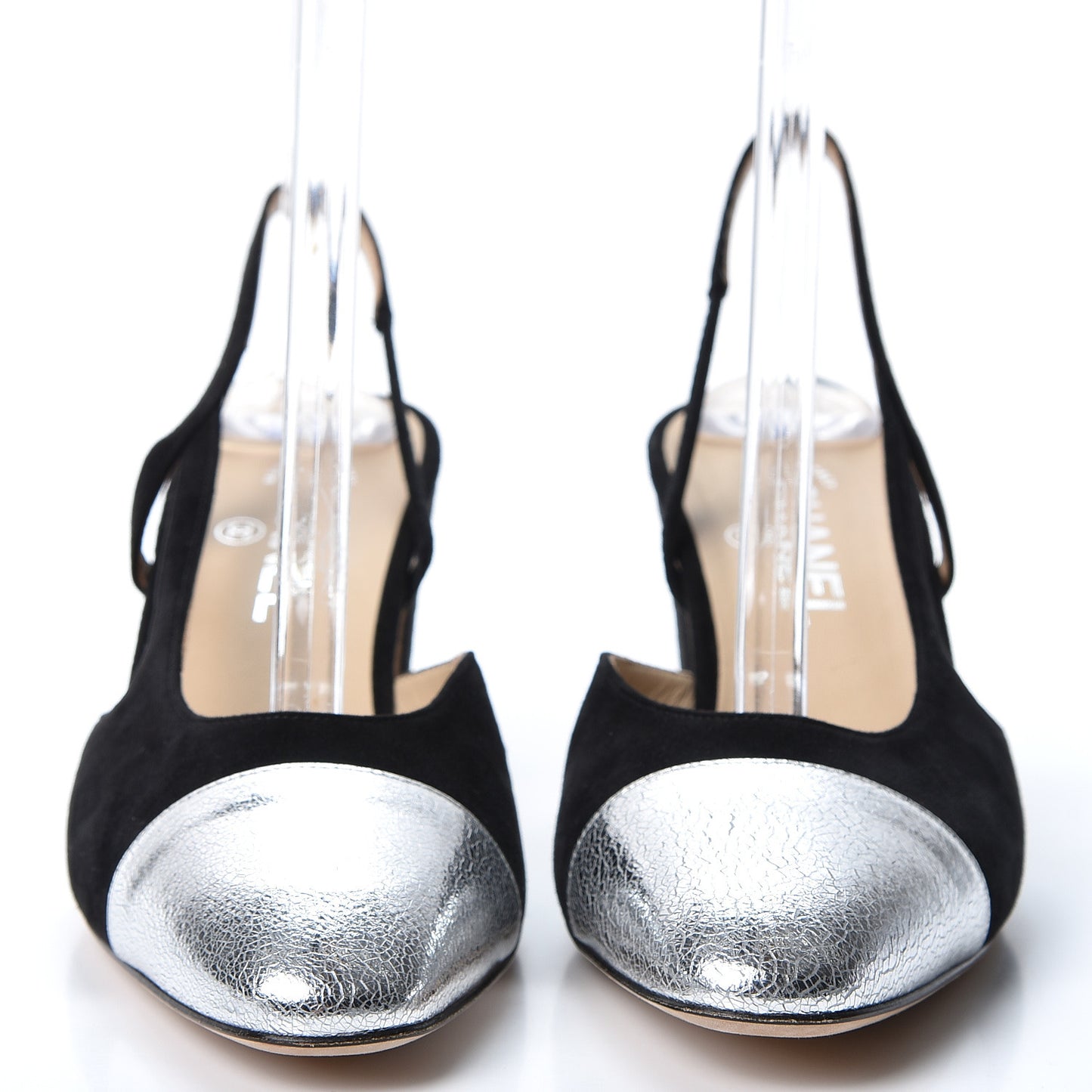 Kid Suede Metallic Lambskin Cap Toe CC Slingback Pumps 40.5 Black Silver