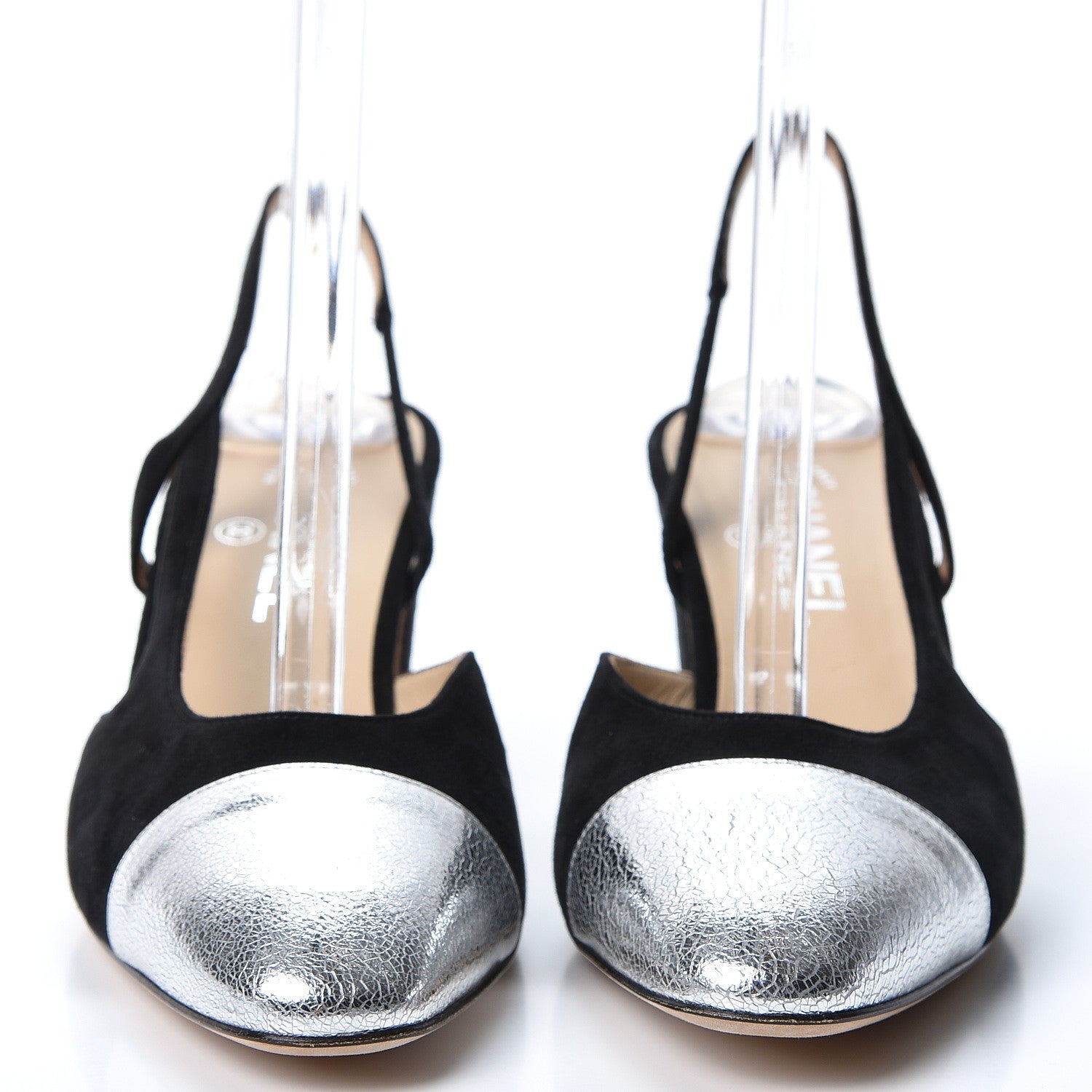 Chanel Kid Suede Metallic Lambskin Cap Toe CC Slingback Pumps 40.5 Black Silver 2 of 9