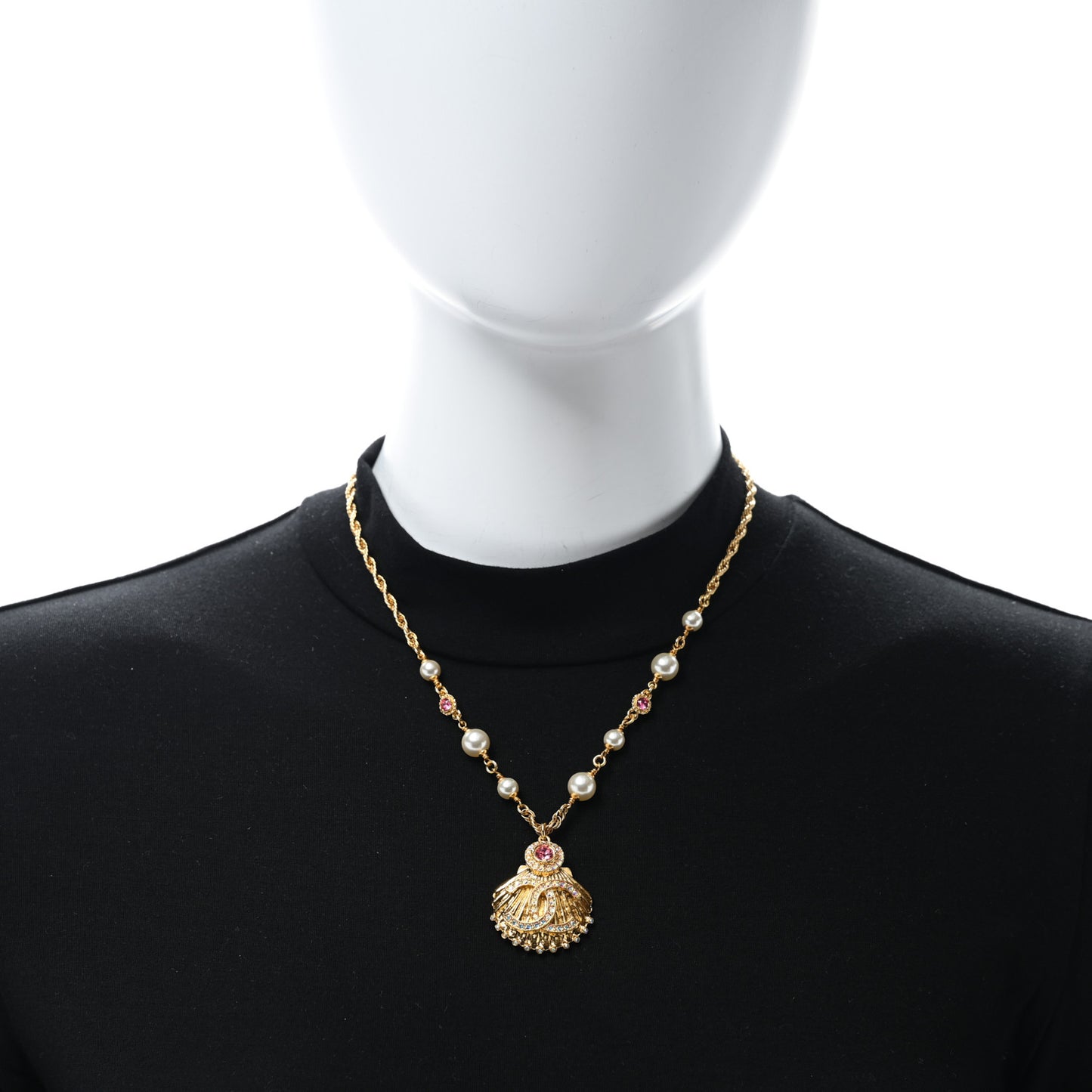 Metal Pearl Crystal CC Shell Necklace Gold Pink Multicolor