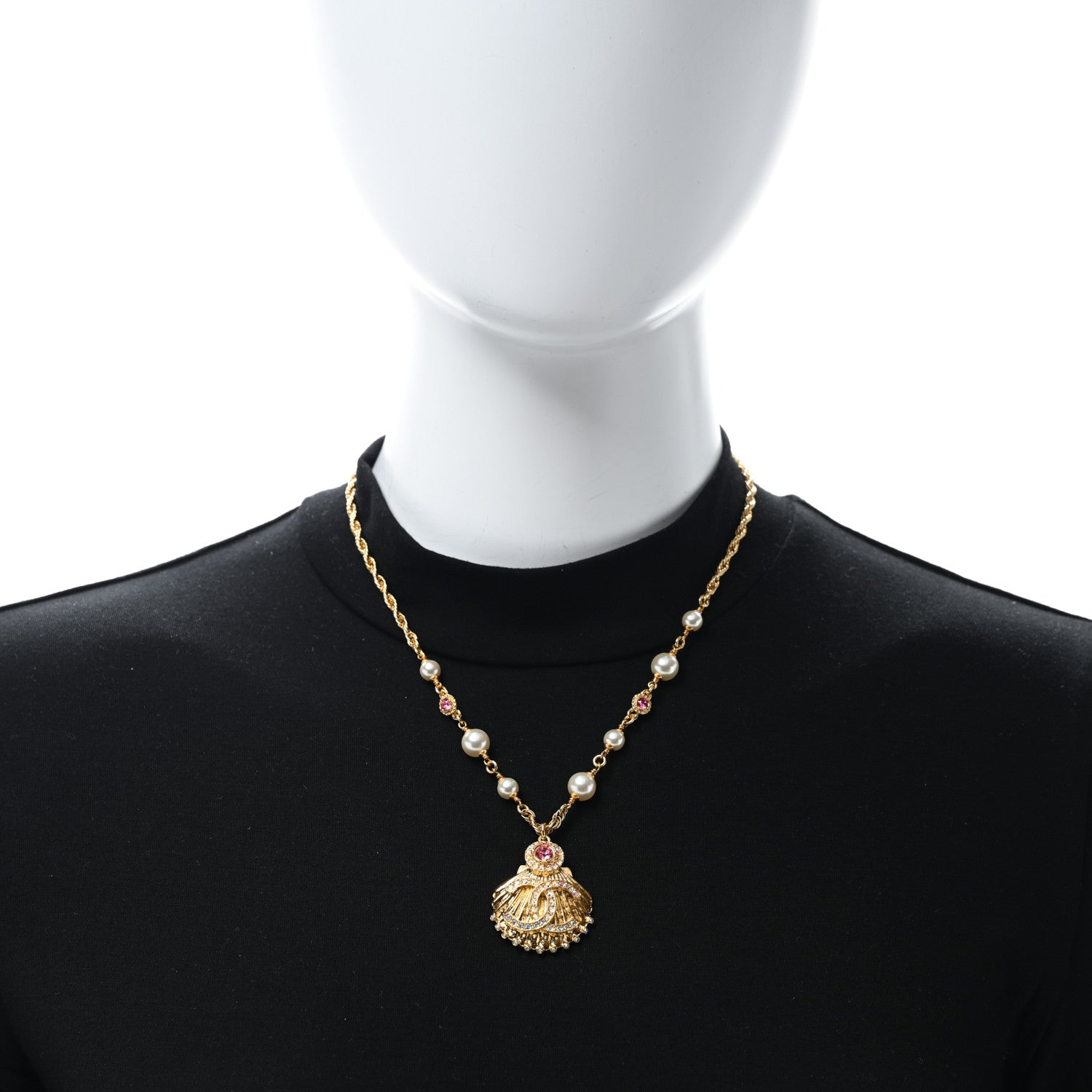 Chanel Metal Pearl Crystal CC Shell Necklace Gold Pink Multicolor 3 of 5