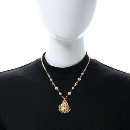 Chanel Metal Pearl Crystal CC Shell Necklace Gold Pink Multicolor 3 of 5