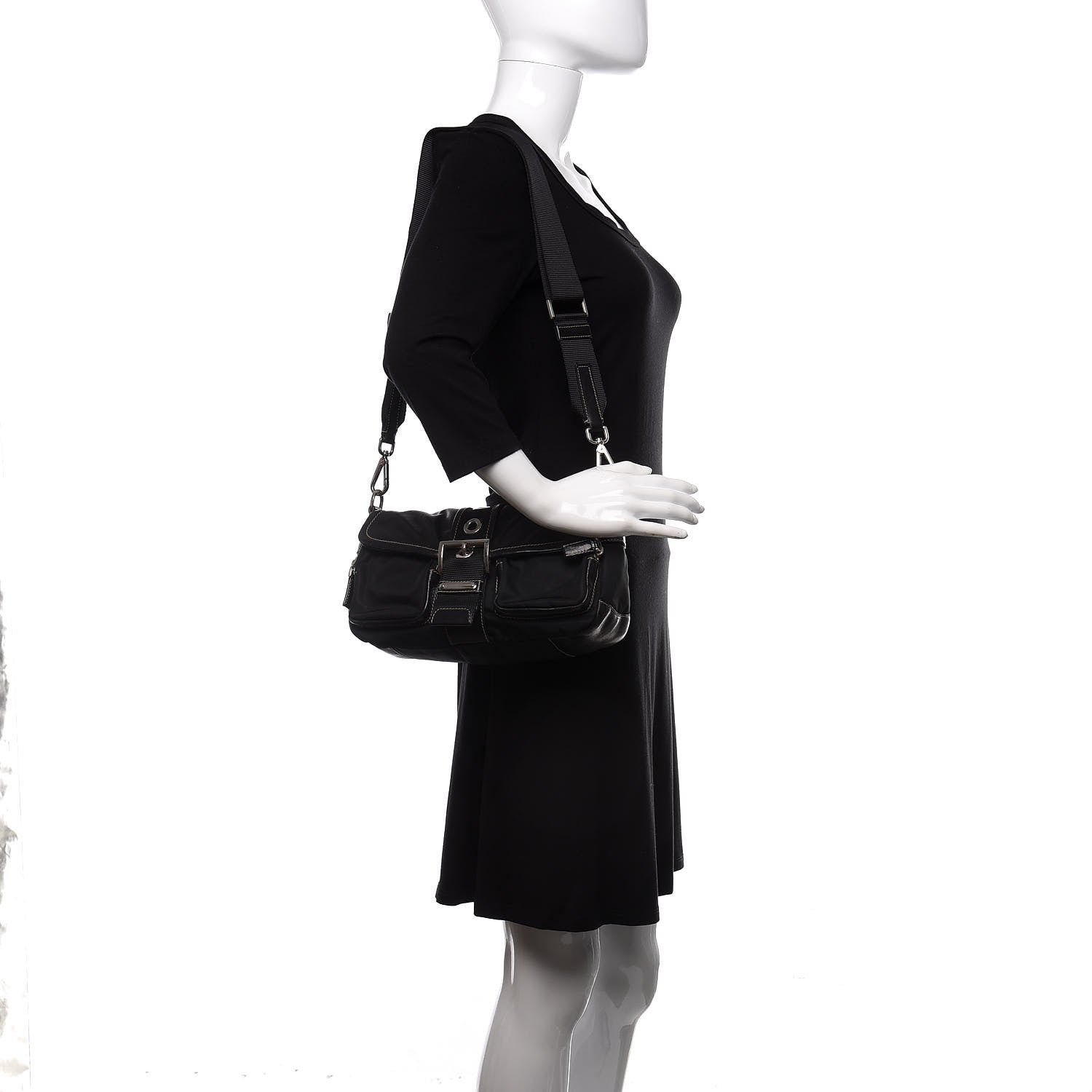 Prada Soft Calfskin Nylon Buckle Shoulder Bag Black 2 of 15