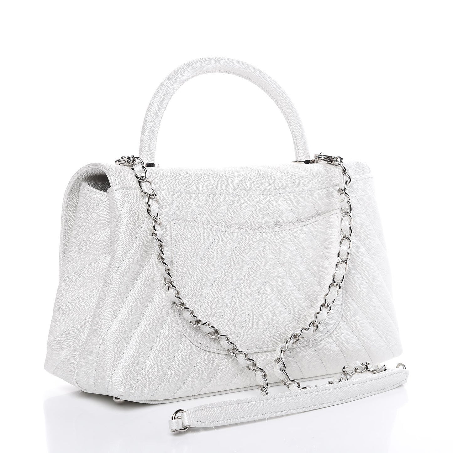 Iridescent Caviar Chevron Quilted Small Coco Handle Flap White