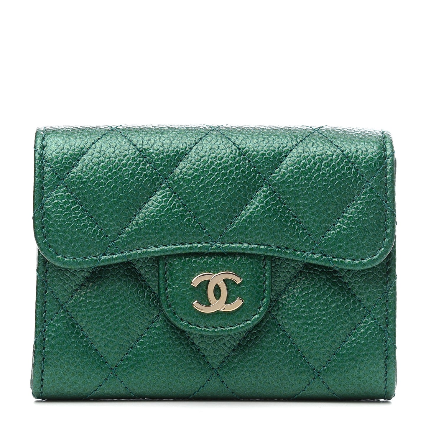 Metallic Caviar Quilted Flap Card Holder Wallet Green