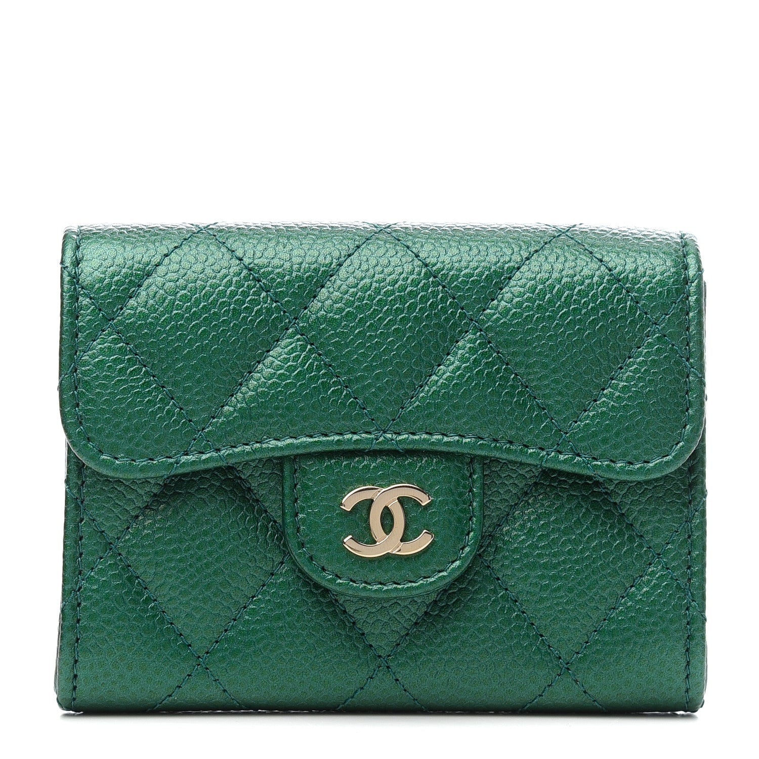 Chanel Metallic Caviar Quilted Flap Card Holder Wallet Green 1 of 8