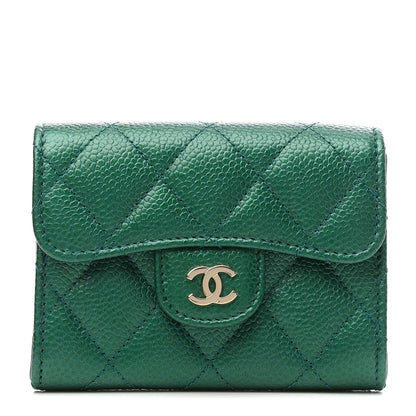 Chanel Metallic Caviar Quilted Flap Card Holder Wallet Green 1 of 8