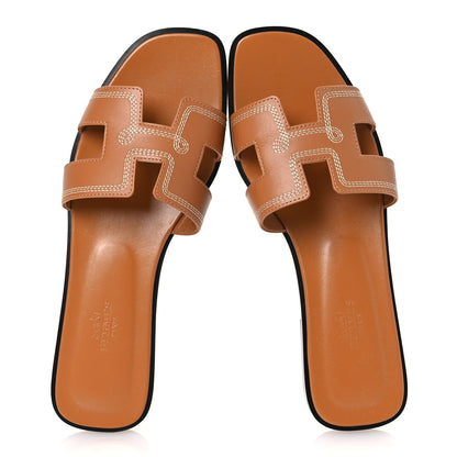 Hermes Calfskin Embroidered Oran Sandals 38.5 Gold 2 of 11