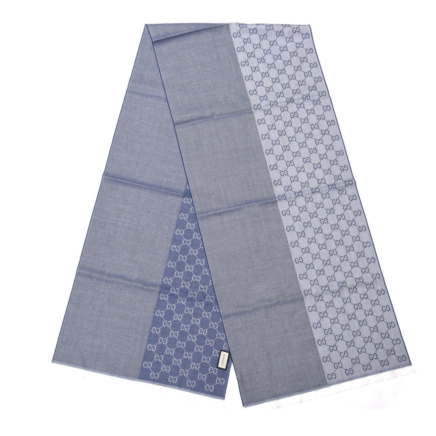 Wool GG Monogram HalfGG Fringe Scarf Ivory Sky Blue