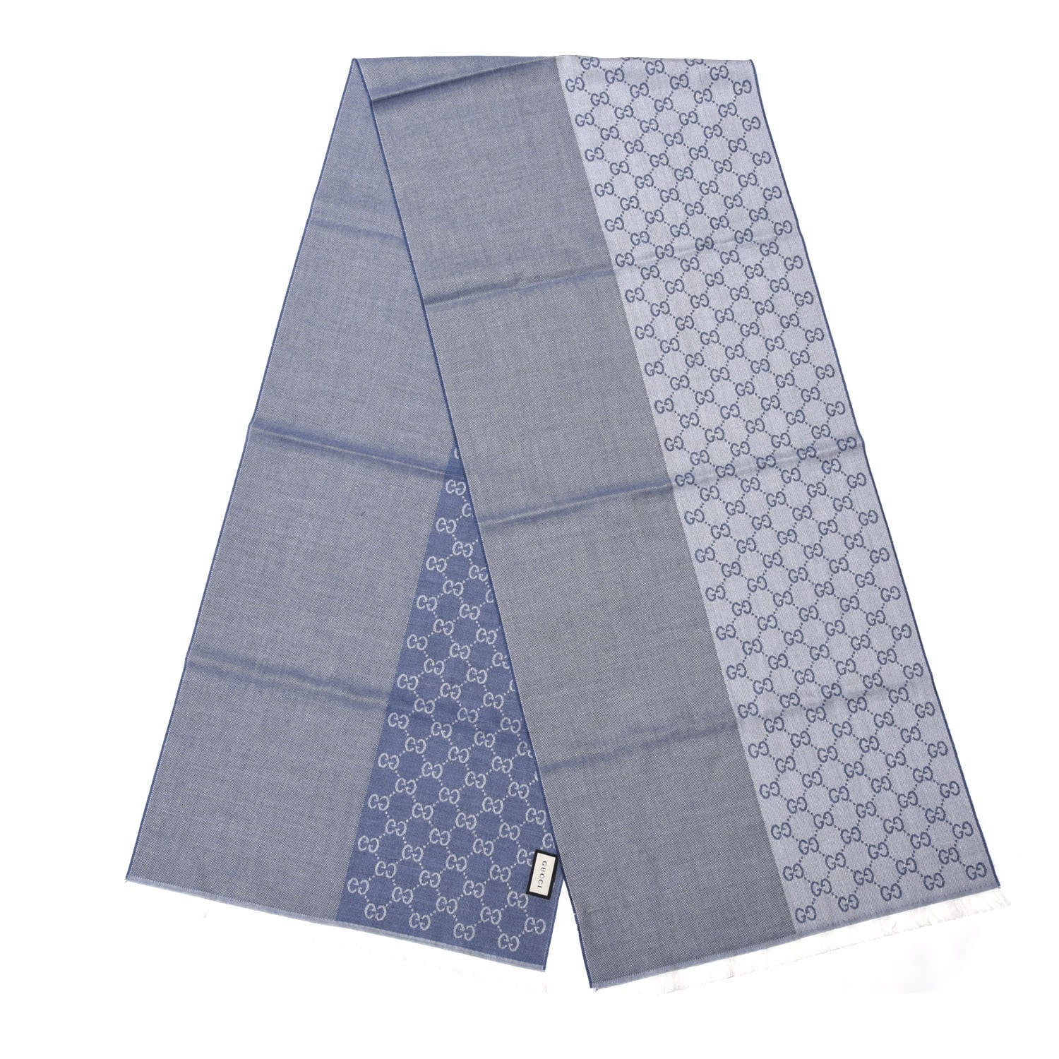 Gucci Wool GG Monogram HalfGG Fringe Scarf Ivory Sky Blue 2 of 4