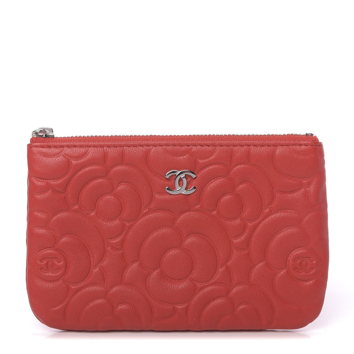 Goatskin Camellia Embossed Cosmetic Pouch Red