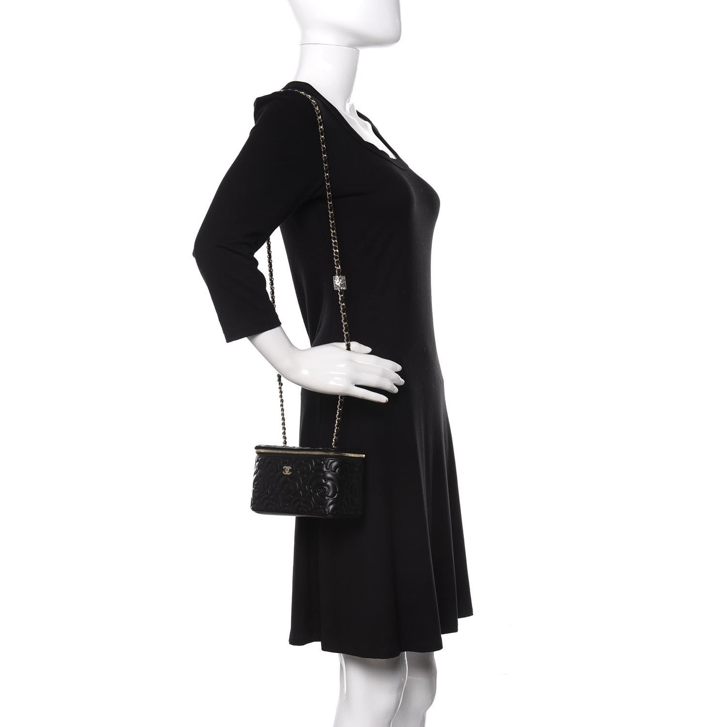 Lambskin Camellia Embossed Small Vanity Case With Chain Black