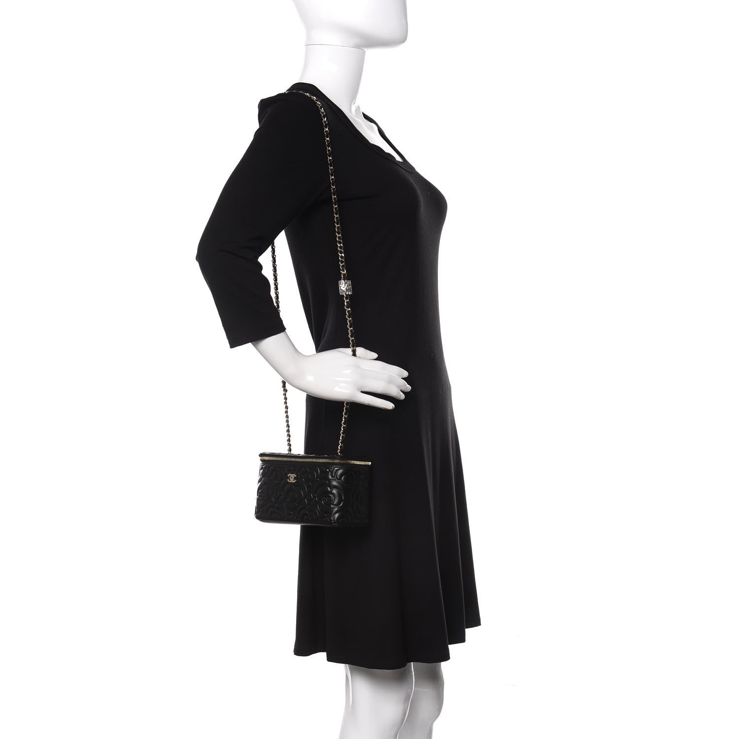 Chanel Lambskin Camellia Embossed Small Vanity Case With Chain Black 2 of 11