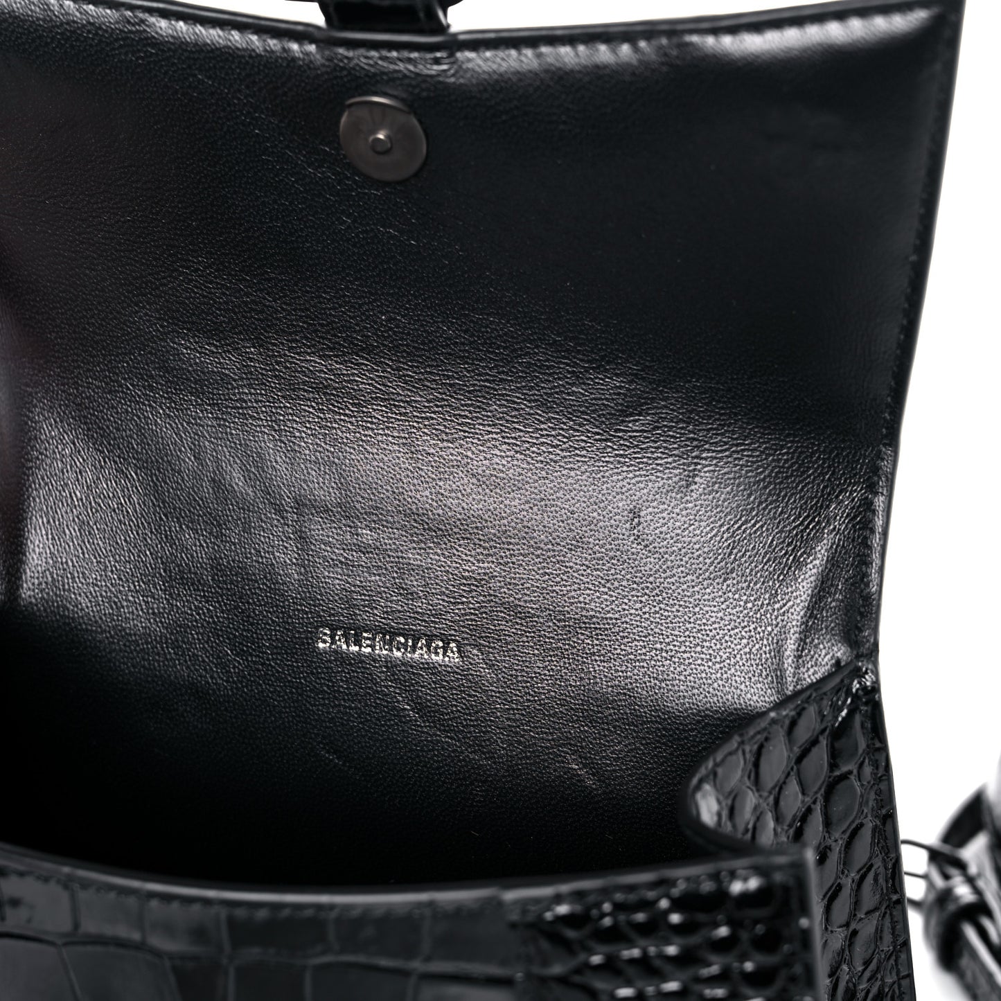 Shiny Calfskin Monochrome Crocodile Embossed Hourglass Top Handle Bag XS Black
