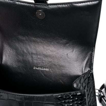 Balenciaga Shiny Calfskin Monochrome Crocodile Embossed Hourglass Top Handle Bag XS Black 10 of 15