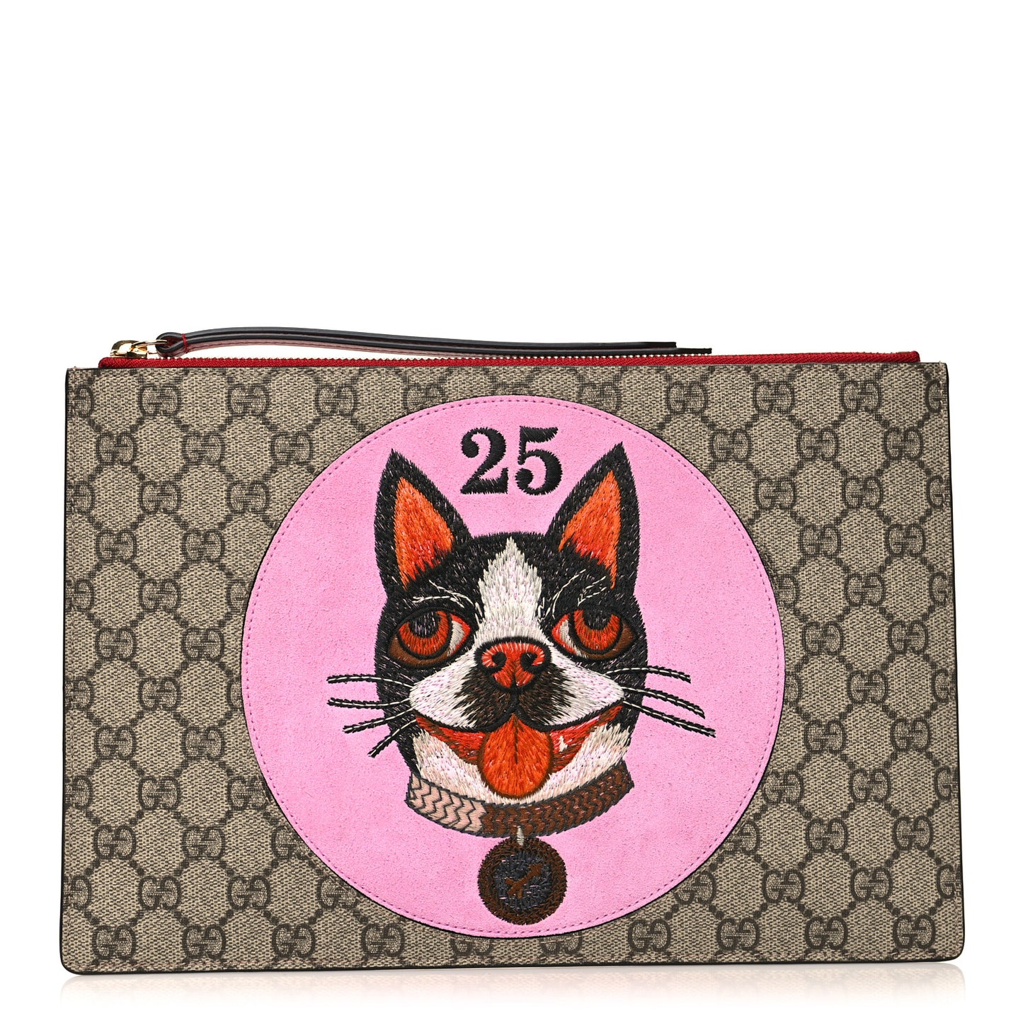 GG Supreme Monogram Bosco Patch Zip Pouch Beige Malva Hibiscus Red