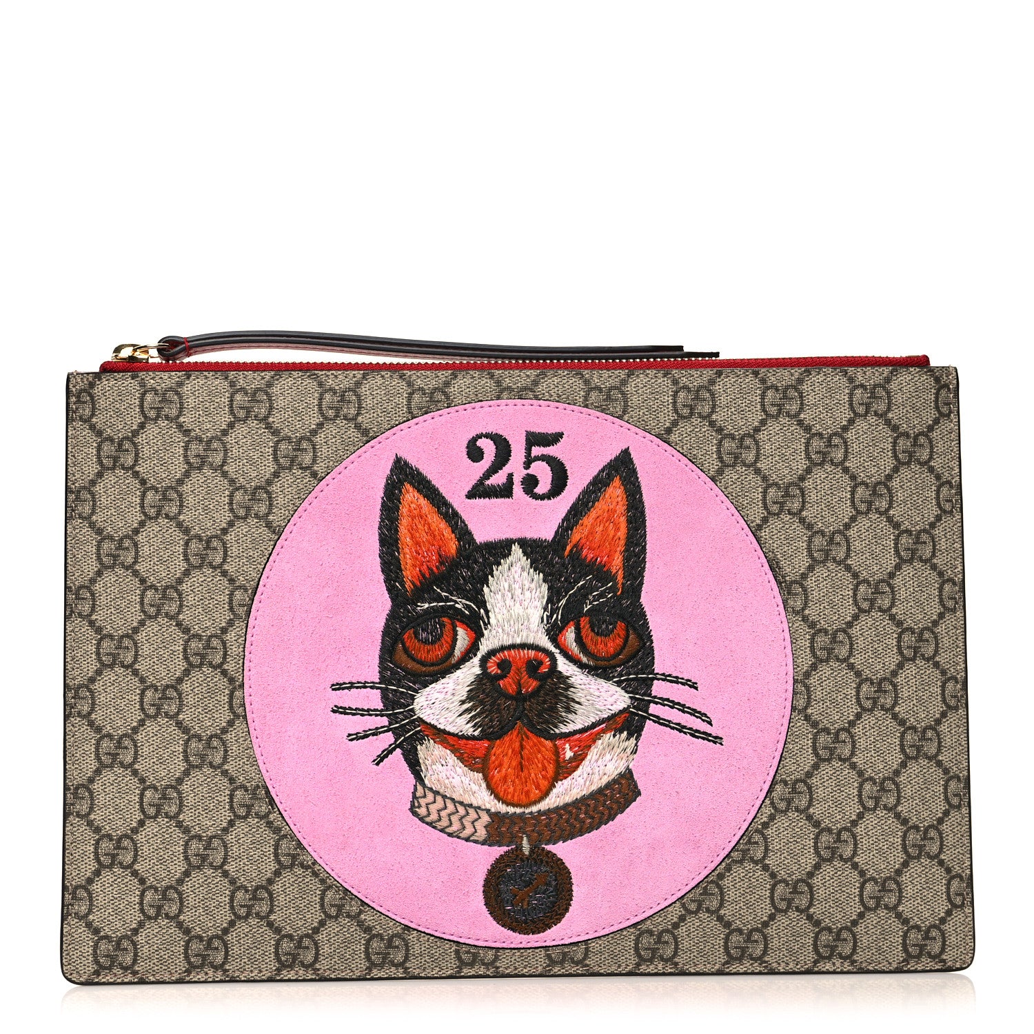 Gucci GG Supreme Monogram Bosco Patch Zip Pouch Beige Malva Hibiscus Red 1 of 9