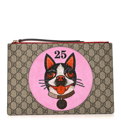 Gucci GG Supreme Monogram Bosco Patch Zip Pouch Beige Malva Hibiscus Red 1 of 9