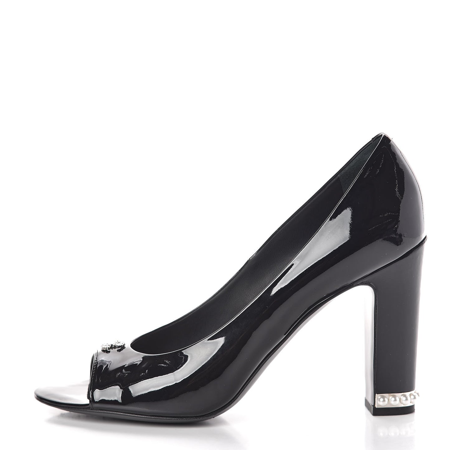 Patent Calfskin Pearl CC Open Toe Pumps 39.5 Black