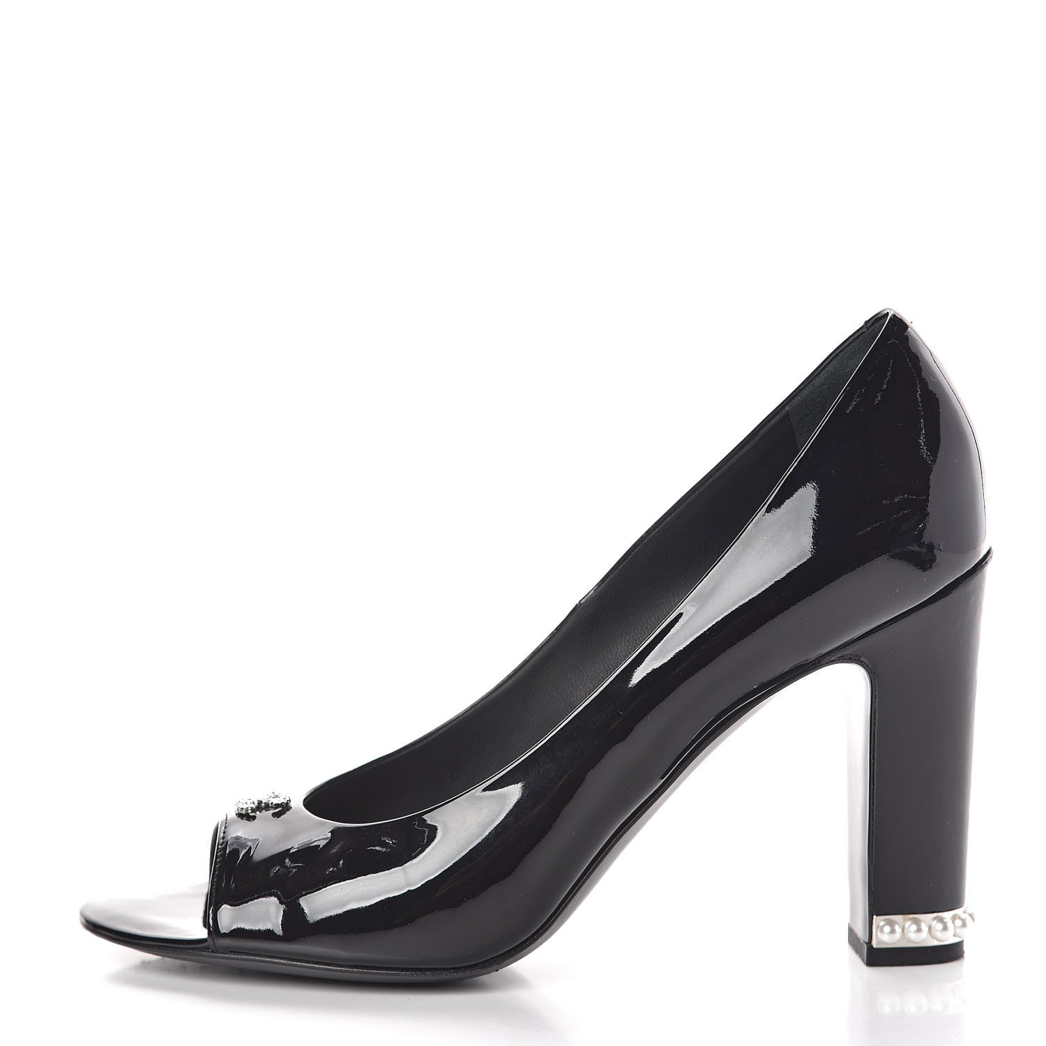 Chanel Patent Calfskin Pearl CC Open Toe Pumps 39.5 Black 1 of 8