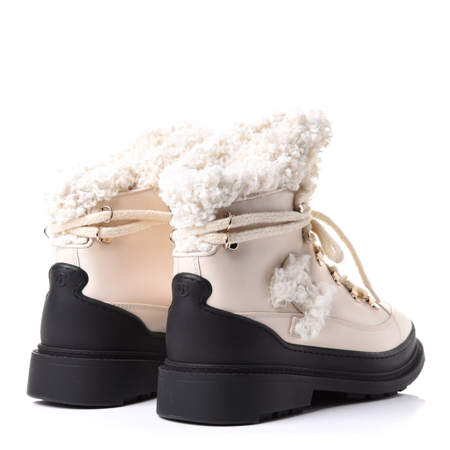 Calfskin Shearling CC Lace Up Boots 38.5 Light Beige Ivory