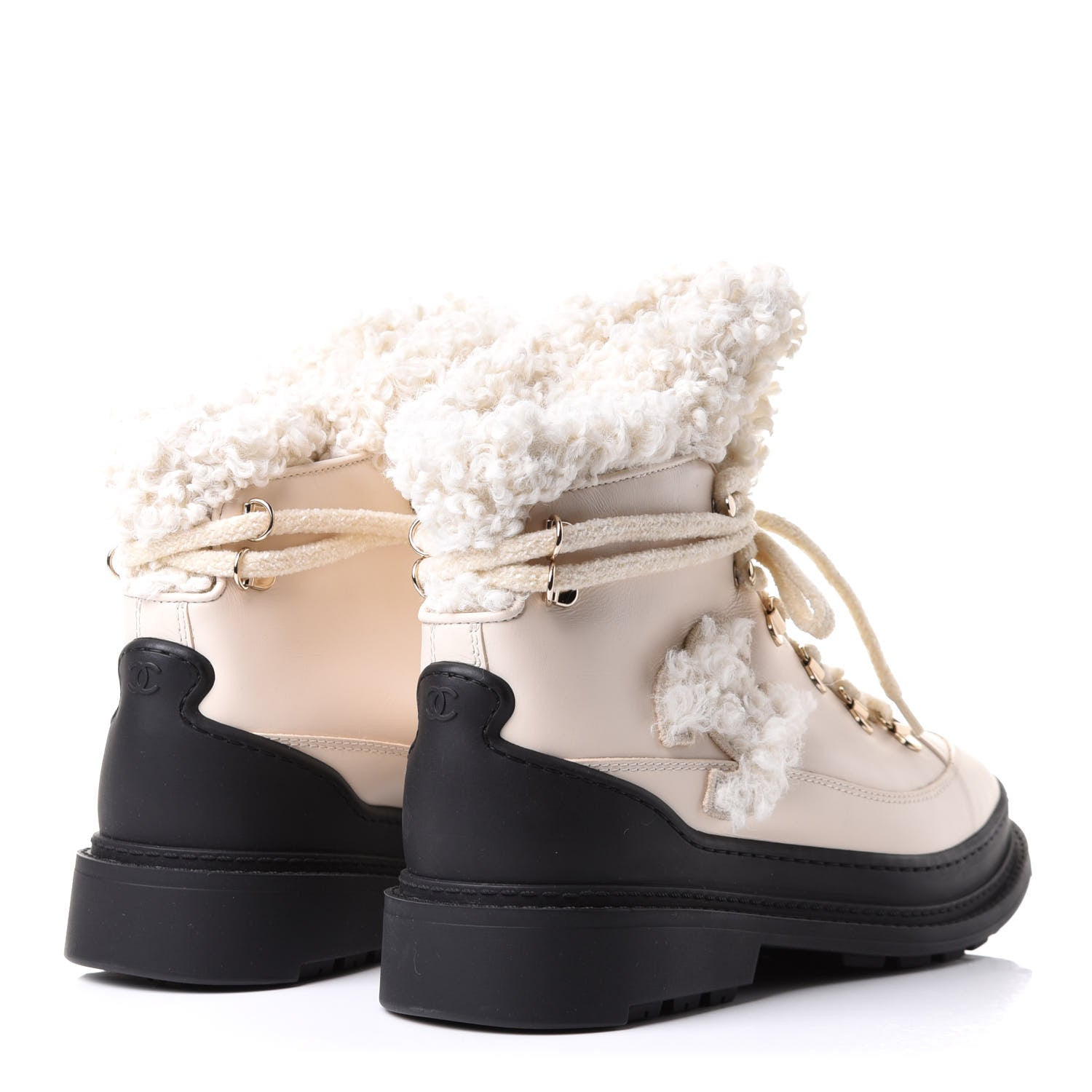 Chanel Calfskin Shearling CC Lace Up Boots 38.5 Light Beige Ivory 4 of 12