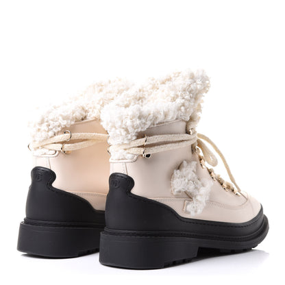 Chanel Calfskin Shearling CC Lace Up Boots 38.5 Light Beige Ivory 4 of 12