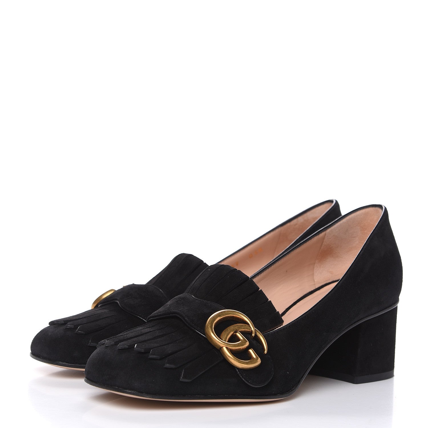 Gucci Kid Scamosciato GG Marmont Fringe 50mm Loafer Pumps 37 Black 3 of 10