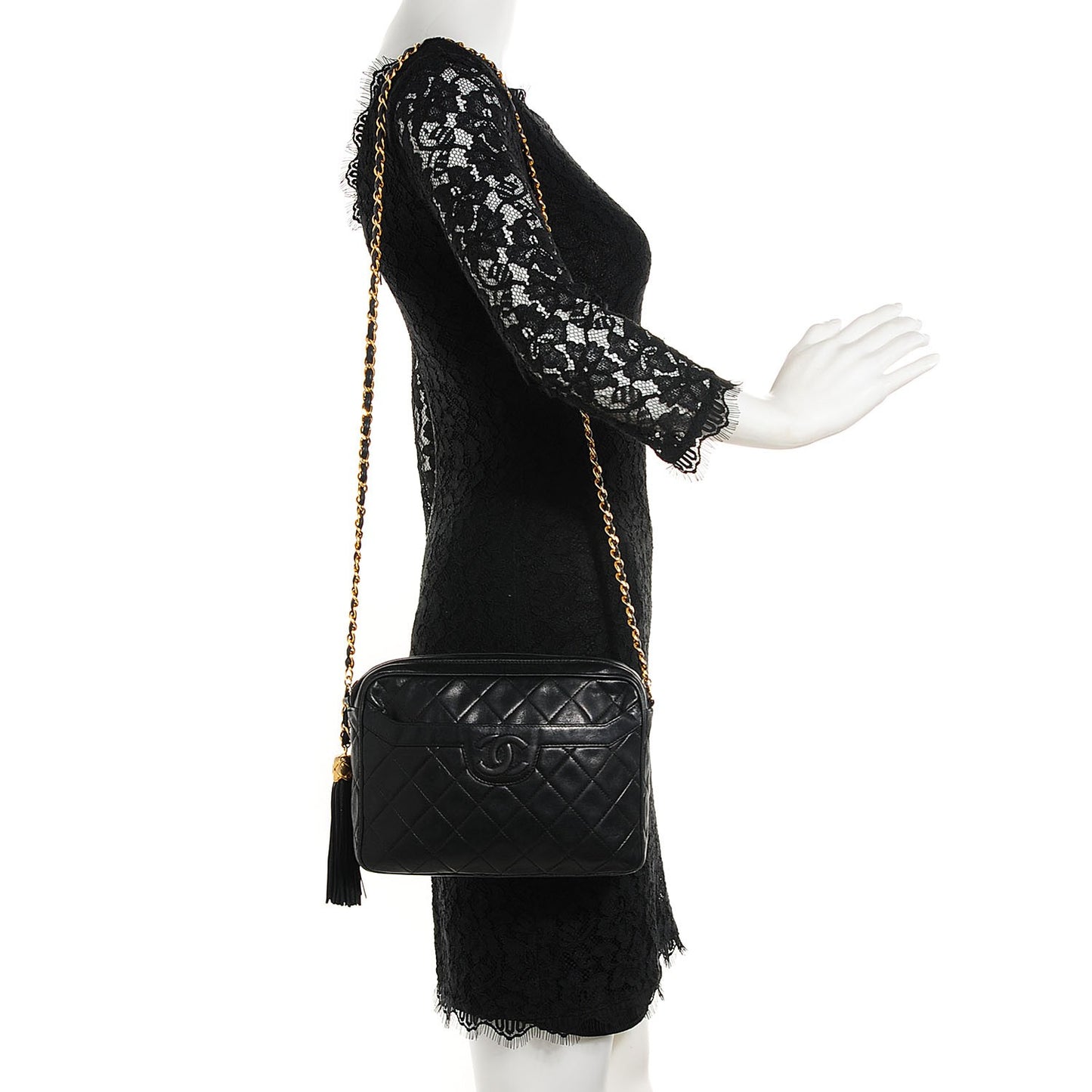 Lambskin Quilted Tassel Camera Case Black