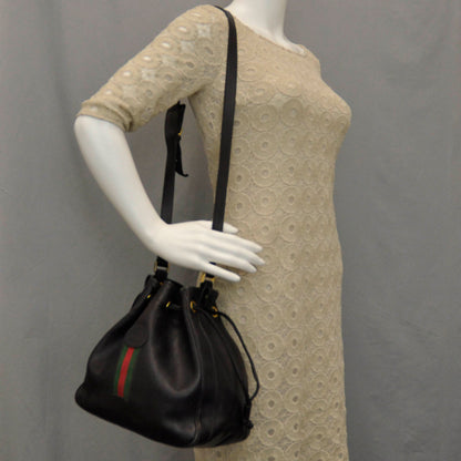 Gucci Leather Web Drawstring Bag Black 2 of 9