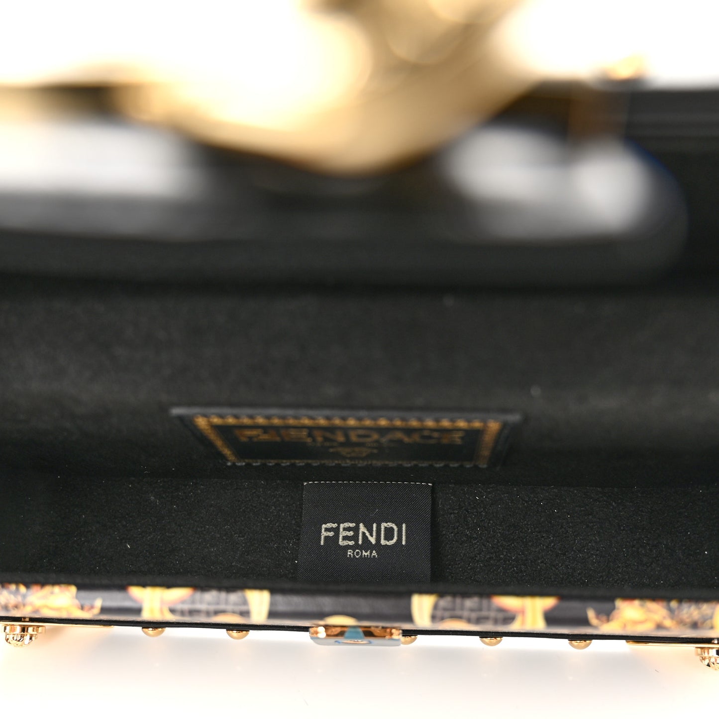 X VERSACE Vitello Cover Fendace Mini FF Baroque Brooch Studded Mini Baguette Trunk Black Gold