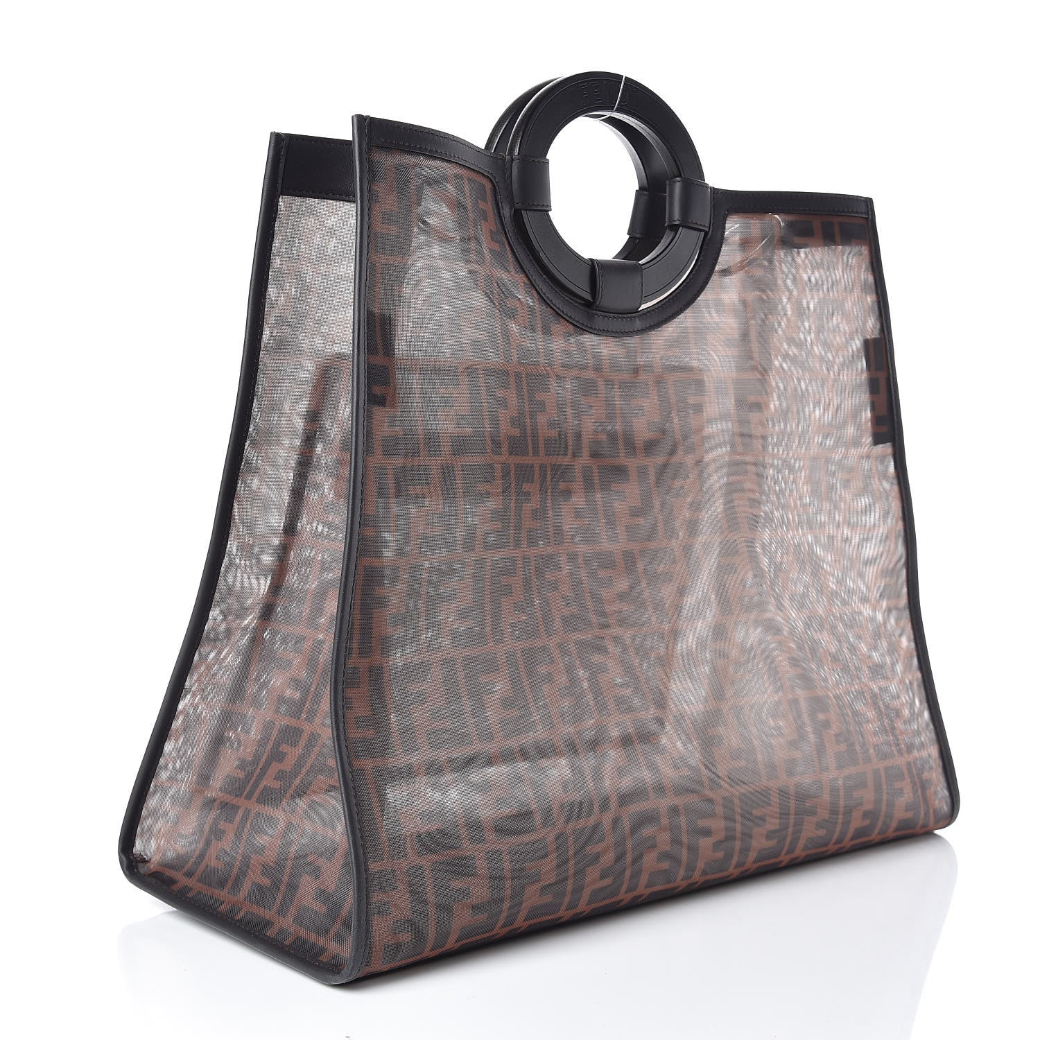 Fendi Mesh Vitello Century Cuoio FF 1974 Large Runaway Shopper Tote Marrone Black Ebano 3 of 9