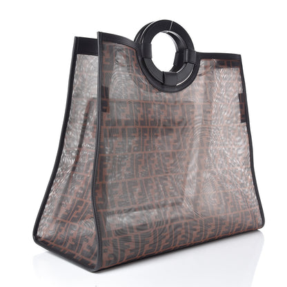 Fendi Mesh Vitello Century Cuoio FF 1974 Large Runaway Shopper Tote Marrone Black Ebano 3 of 9