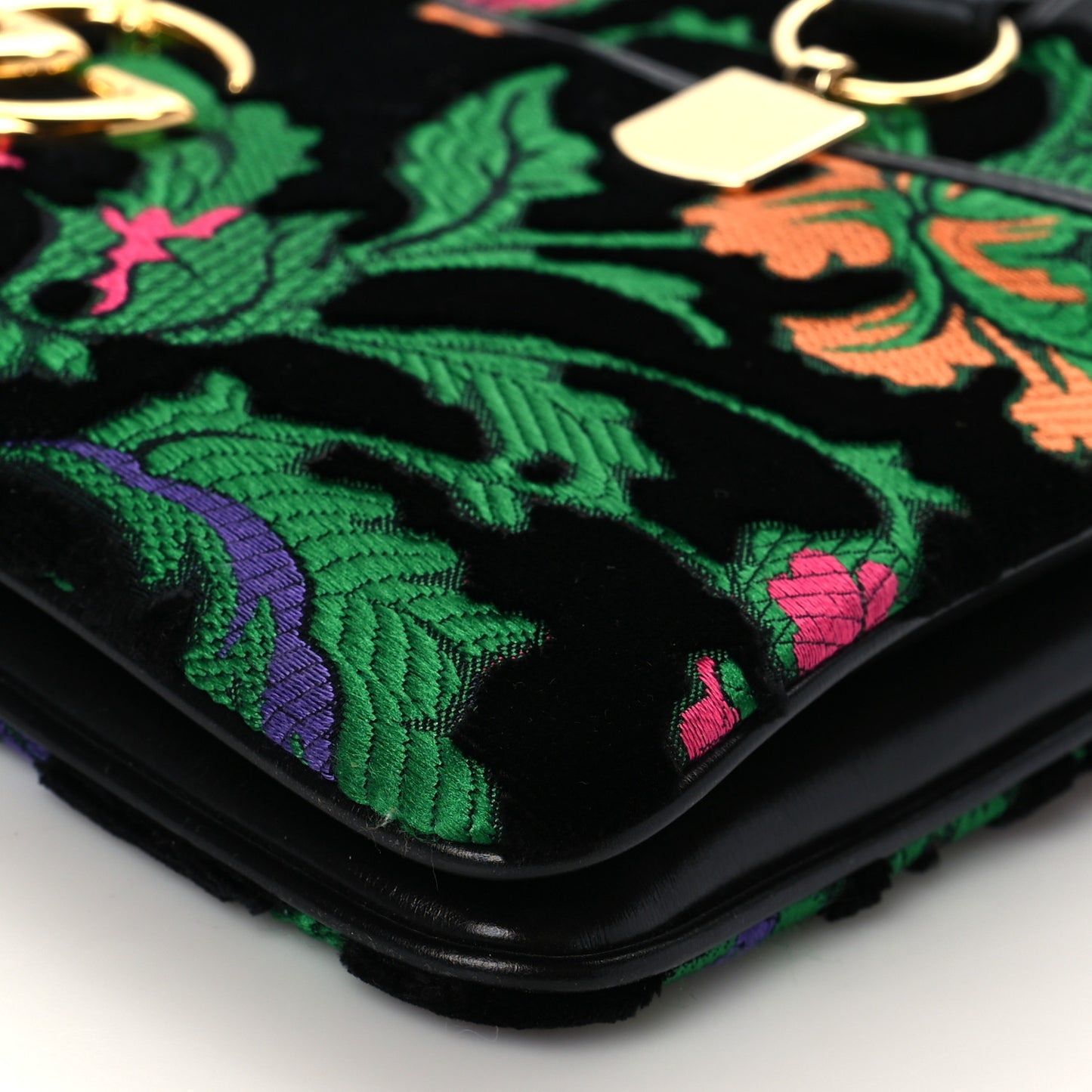 Velvet Jacquard Floral Embroidered Large Arli Top Handle Bag Black Green Multicolor