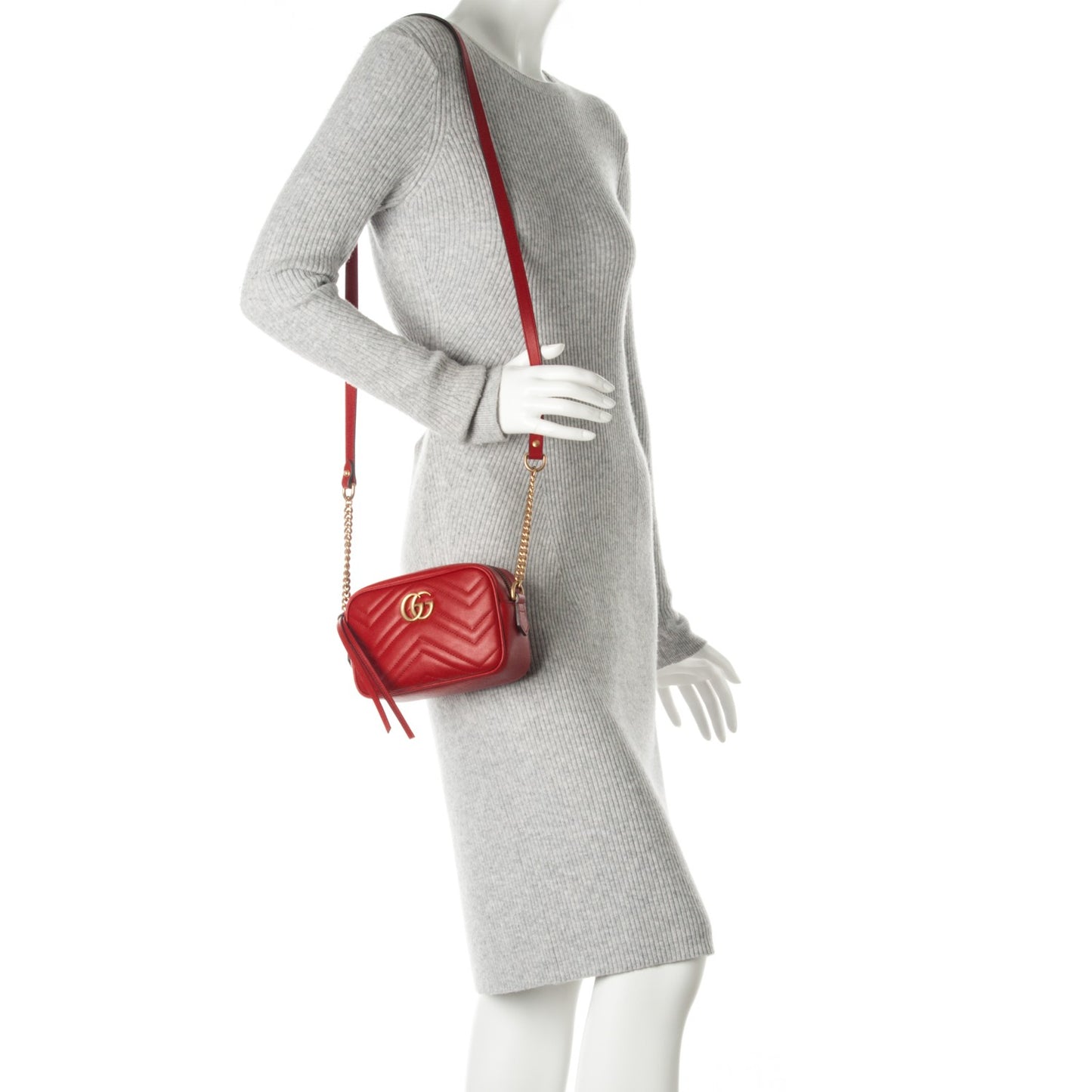 Calfskin Matelasse Mini GG Marmont Chain Shoulder Bag Hibiscus Red