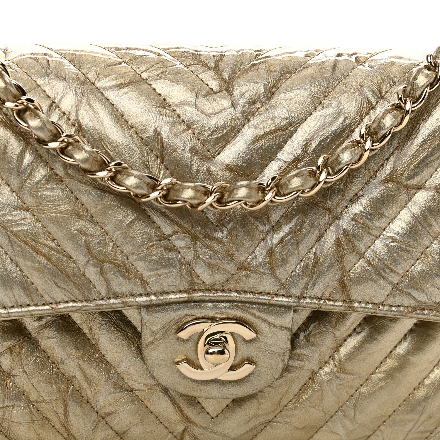 Chanel Metallic Patent Crumpled Calfskin Chevron Quilted Medium Double Flap Gold 8 of 12