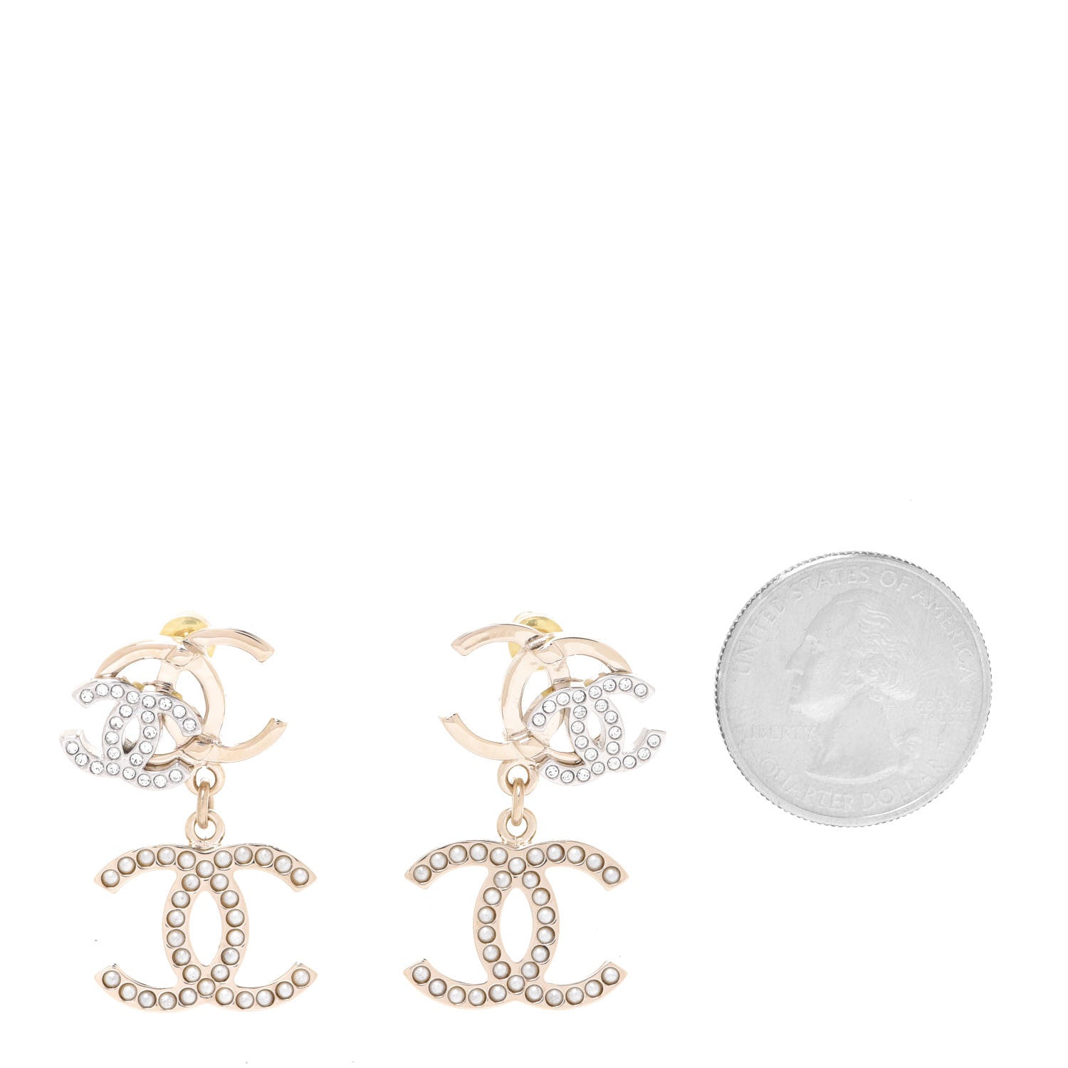 Chanel Crystal Pearl Double CC Drop Earrings Gold Silver 2 of 5