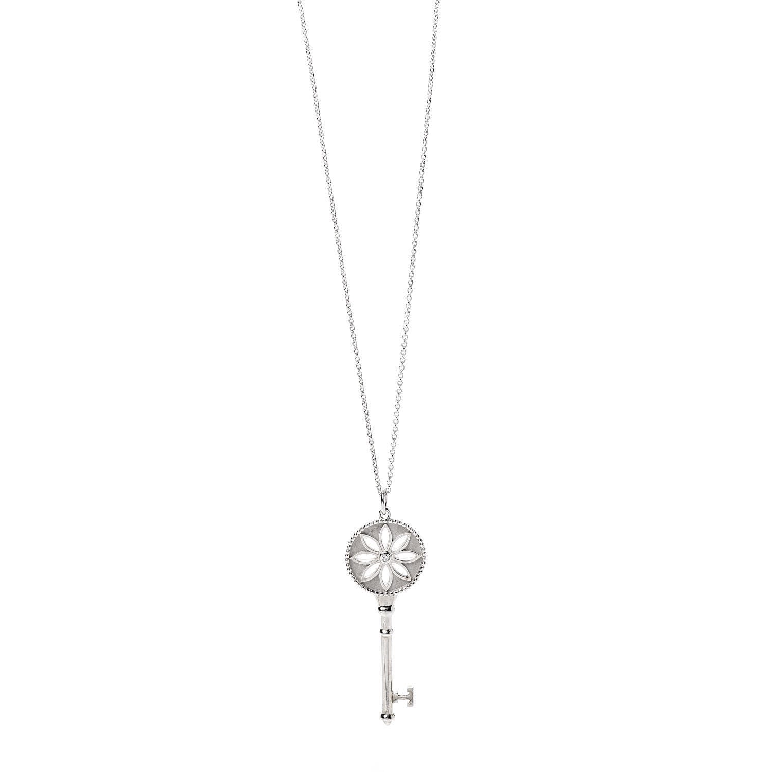 Tiffany Sterling Silver Diamond Large Daisy Key Pendant Necklace 1 of 7