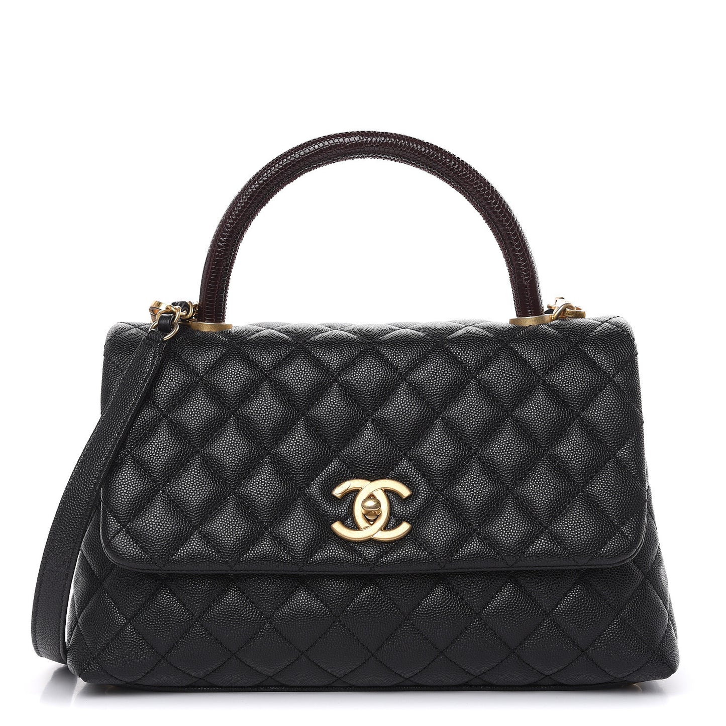 Caviar Lizard Embossed Quilted Small Coco Handle Flap Black