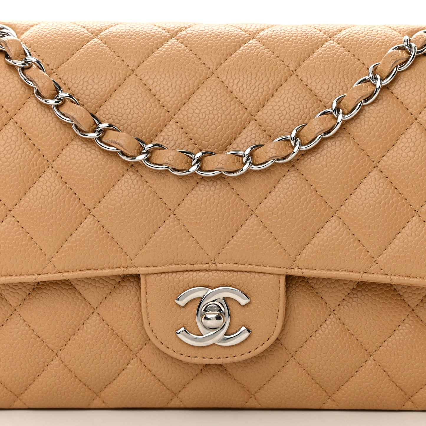 Caviar Quilted Medium Double Flap Beige