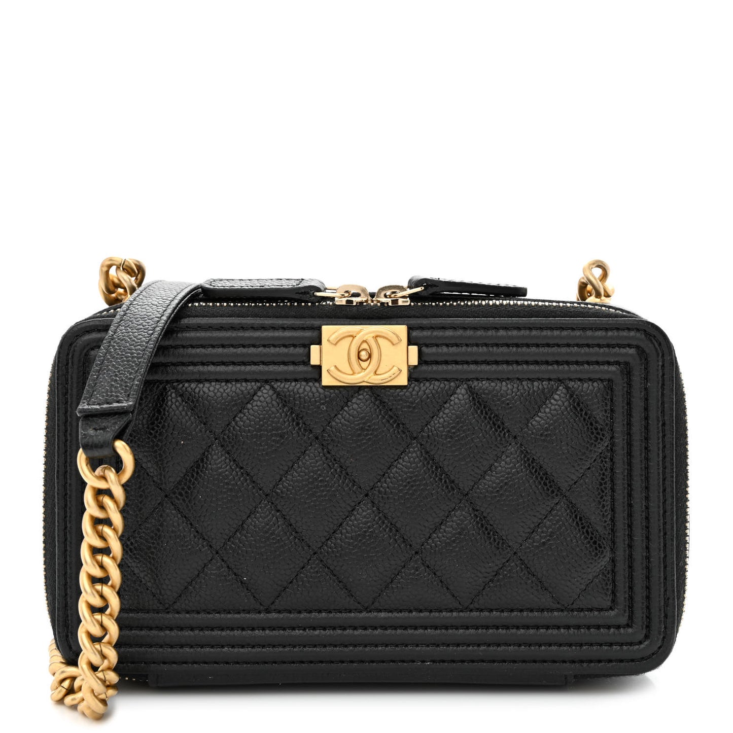 Caviar Quilted Boy Zip Phone Holder With Chain Black
